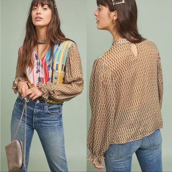 Anthropologie Conditions Apply Multicolor Peasant keyhole balloon sleeve blouse - Picture 3 of 16